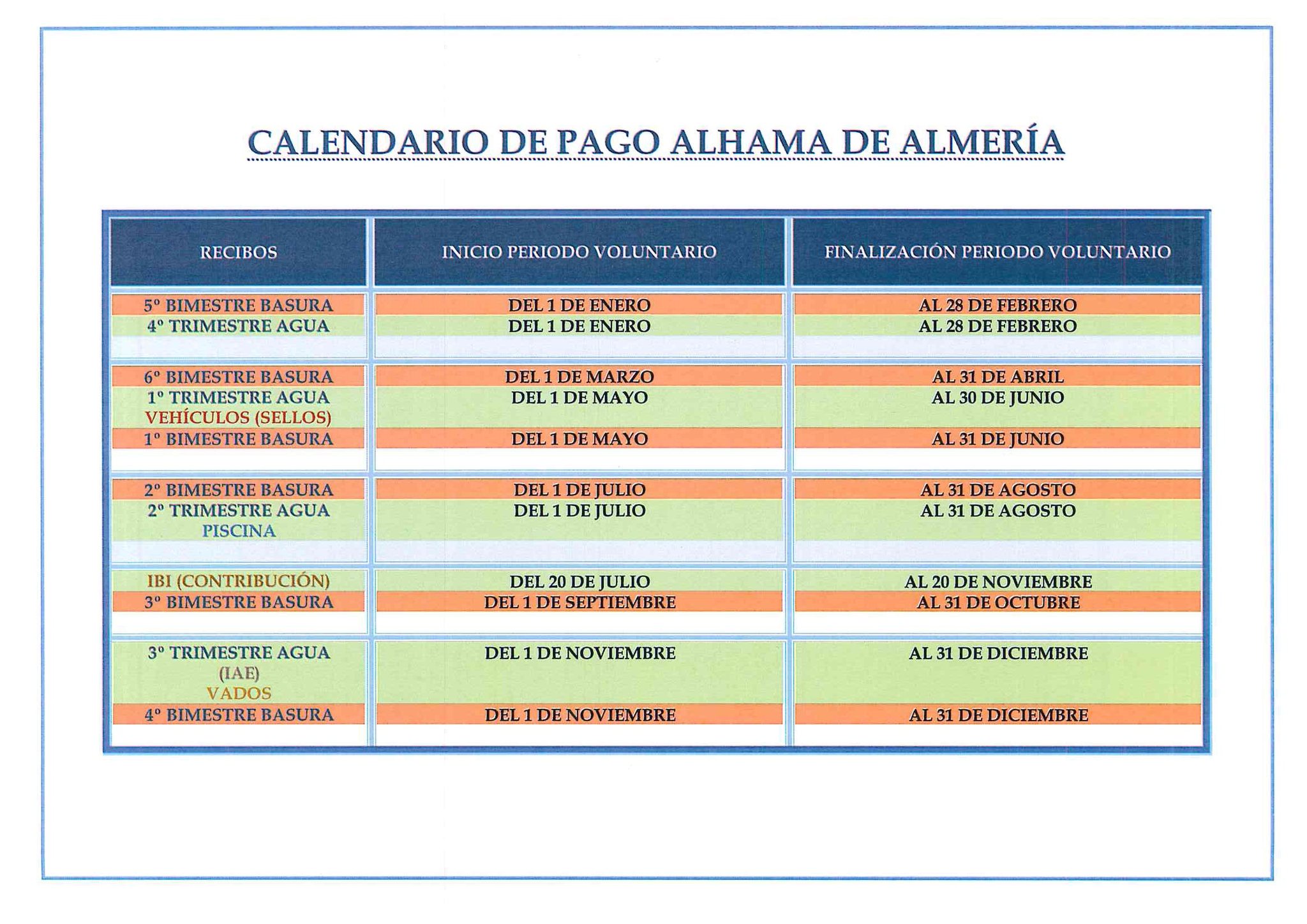 NUEVO CALENDARIO DE PAGOS ALHAMA DE ALMERÍA